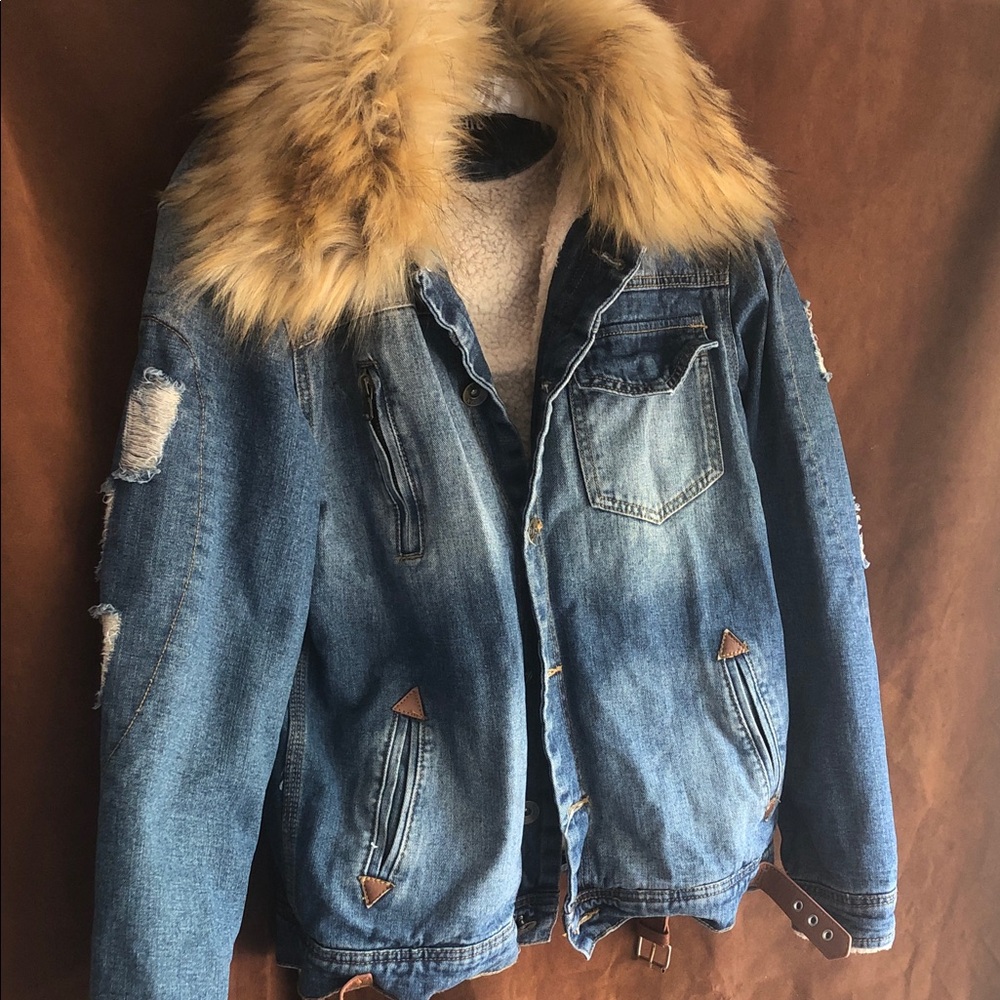 Men's Blue Denim Puffer Jacket with Faux Fur Hood